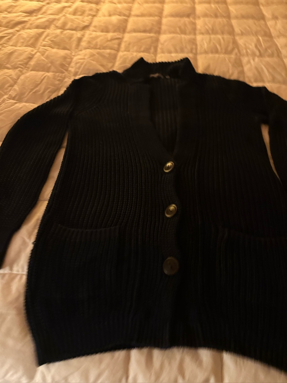 Vince Chunky Ribbed V-Neck Button Front Cardigan Sweater Pockets Navy Blue M